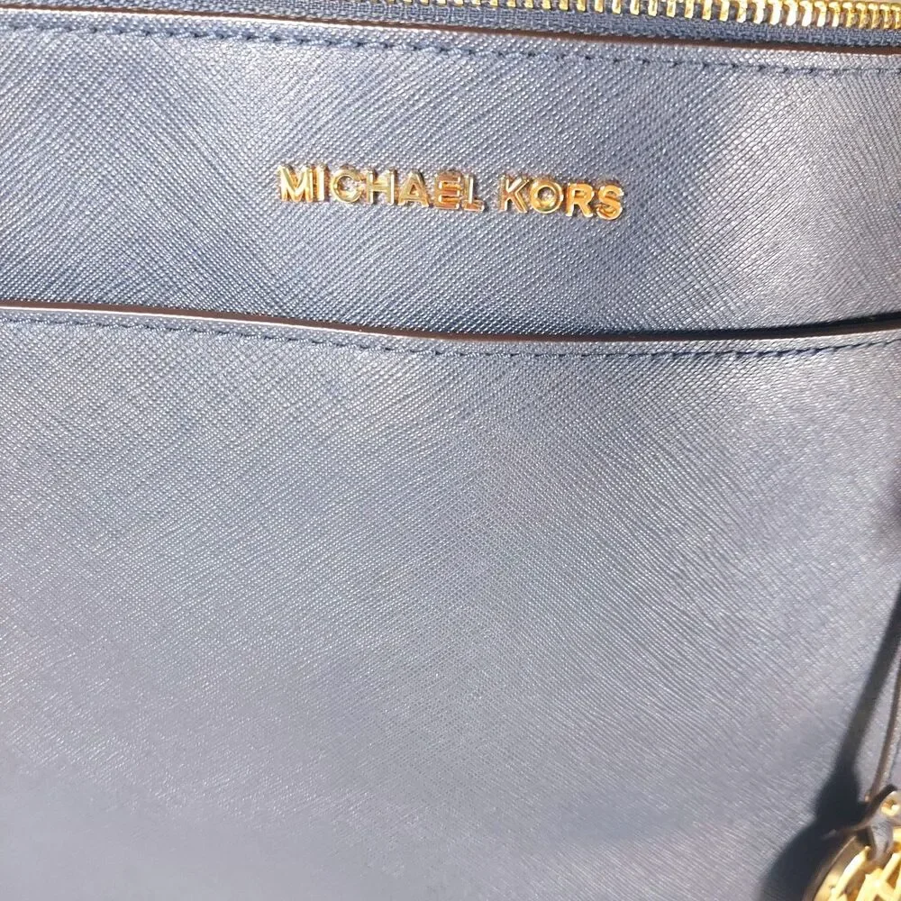 Michael Kors Navy Saffiano Leather Tote Bag Jet Set Travel Gold Logo Charm